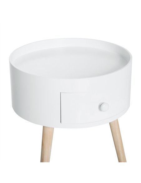 HOMCOM Modern Side Table, Small Coffee Table, Round Bedside Table with Drawer and Wood Legs for Living Room, Bedroom, White