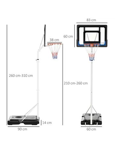 SPORTNOW 2.6-3.1m Adjustable Basketball Hoop and Basketball Stand w/ Backboard and Weighted Base, Portable on Wheels, White