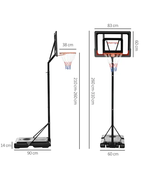 SPORTNOW 2.6-3.1m Adjustable Basketball Hoop and Basketball Stand w/ Backboard and Weighted Base, Portable on Wheels, Black