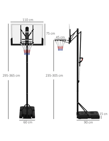 SPORTNOW Six-Level Height Adjustable Freestanding Basketball Hoop and Stand with Wheels, 2.35-3.05m