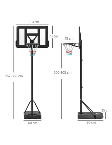 SPORTNOW Height Adjustable Basketball Stand Net Set System, Freestanding Basketball Hoop and Stand w/ Wheels, 200-305cm - Black