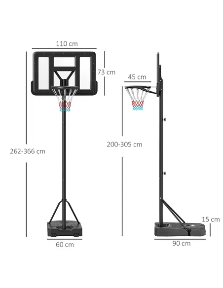 SPORTNOW Height Adjustable Basketball Stand Net Set System, Freestanding Basketball Hoop and Stand w/ Wheels, 200-305cm - Black