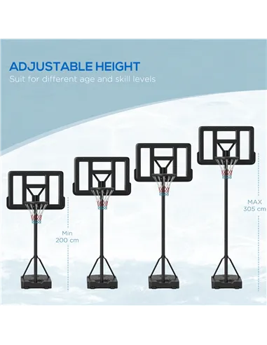 SPORTNOW Height Adjustable Basketball Stand Net Set System, Freestanding Basketball Hoop and Stand w/ Wheels, 200-305cm - Black