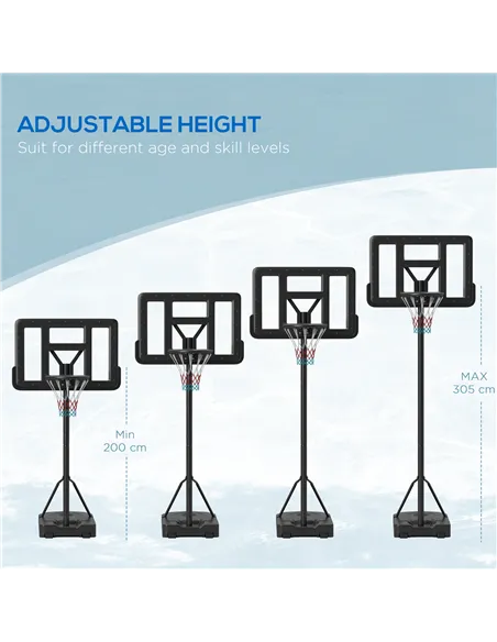 SPORTNOW Height Adjustable Basketball Stand Net Set System, Freestanding Basketball Hoop and Stand w/ Wheels, 200-305cm - Black