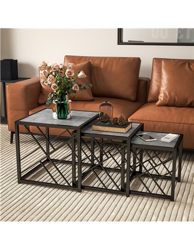 HOMCOM Nesting Coffee Tables, Set of 3 Square Side Tables with Black Metal Frame, for Living Room, Bedroom and Office, Grey