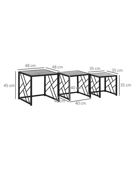 HOMCOM Nesting Coffee Tables, Set of 3 Square Side Tables with Black Metal Frame, for Living Room, Bedroom and Office, Grey