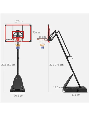SPORTNOW 2.4-2.9m Adjustable Basketball Hoop and Stand with Weighted Base, Portable on Wheels, Red