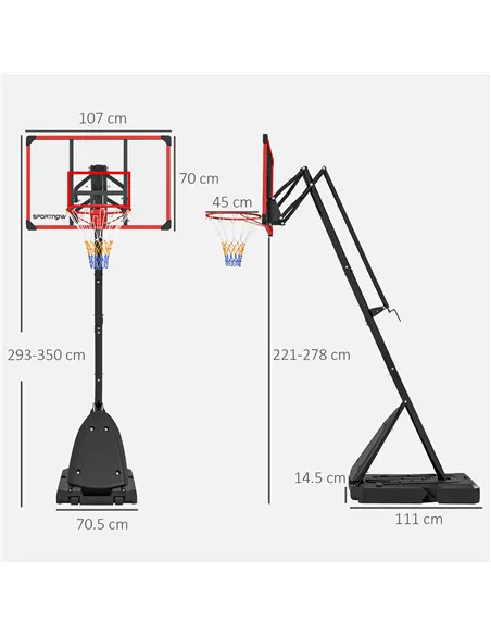 SPORTNOW 2.4-2.9m Adjustable Basketball Hoop and Stand with Weighted Base, Portable on Wheels, Red