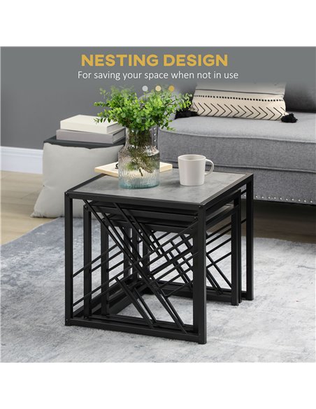 HOMCOM Nesting Coffee Tables, Set of 3 Square Side Tables with Black Metal Frame, for Living Room, Bedroom and Office, Grey