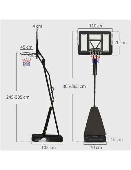 SPORTNOW 245-305cm Adjustable Basketball Hoop and Stand, with Wheels, Black