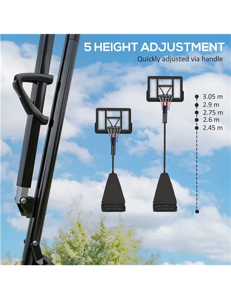 SPORTNOW 245-305cm Adjustable Basketball Hoop and Stand, with Wheels, Black