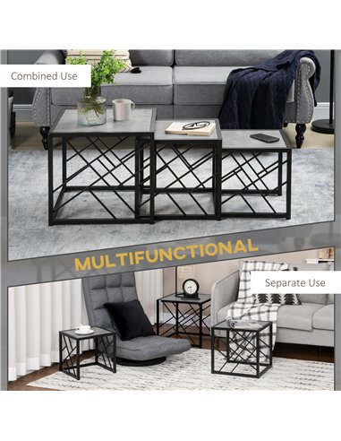 HOMCOM Nesting Coffee Tables, Set of 3 Square Side Tables with Black Metal Frame, for Living Room, Bedroom and Office, Grey