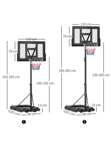 SPORTNOW 2.3-3.05m Basketball Hoop and Stand, with Weighted Base, Wheels, Black