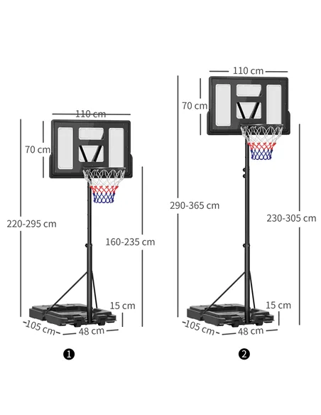 SPORTNOW 2.3-3.05m Basketball Hoop and Stand, with Weighted Base, Wheels, Black