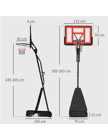 SPORTNOW 245-305cm Adjustable Basketball Hoop and Stand, with Wheels, Red