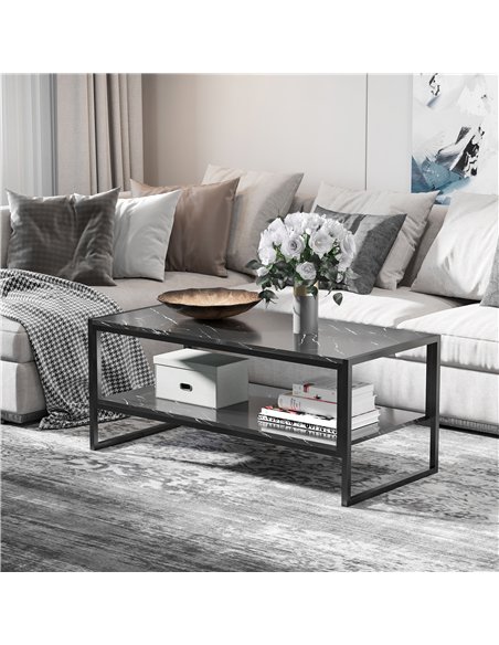 HOMCOM Coffee Table, Two-Tier Faux Marble Effect Centre Table with Metal Frame and Storage Shelf for Living Room, 106 x 50 x 45c