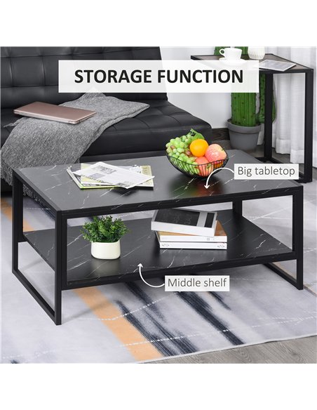 HOMCOM Coffee Table, Two-Tier Faux Marble Effect Centre Table with Metal Frame and Storage Shelf for Living Room, 106 x 50 x 45c