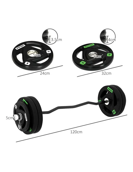 SPORTNOW Curl Bar with 30kg Weight Plates, Barbell Bar for 5cm Weight Plates, Home Gym Weight Lifting Bar, 120cm, 58kg