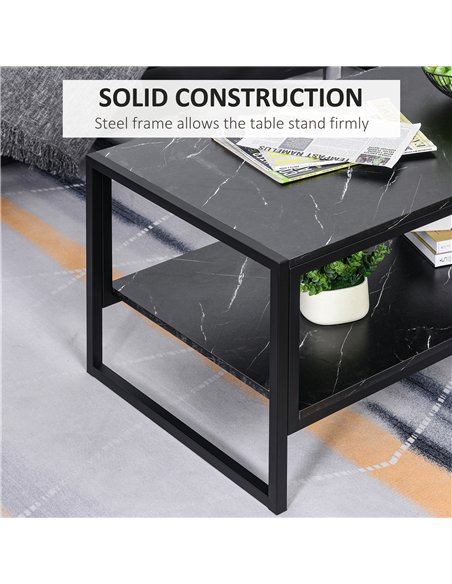 HOMCOM Coffee Table, Two-Tier Faux Marble Effect Centre Table with Metal Frame and Storage Shelf for Living Room, 106 x 50 x 45c