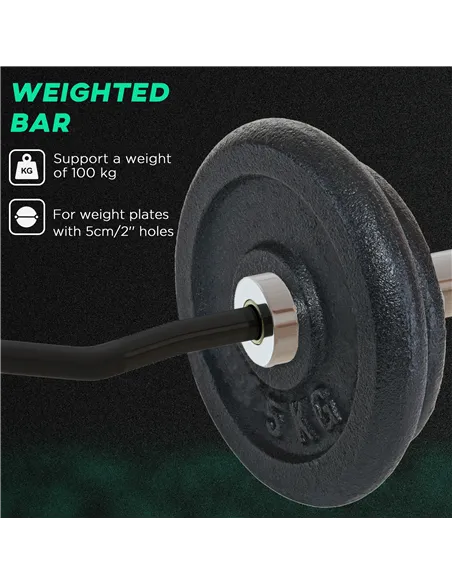SPORTNOW Curl Bar with 30kg Weight Plates, Barbell Bar for 5cm Weight Plates, Home Gym Weight Lifting Bar, 120cm, 58kg