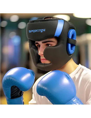 SPORTNOW Boxing Headguard w/ Adjustable Strap for Sparring, Kickboxing, MMA, Blue/Black