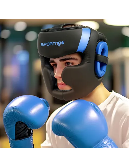 SPORTNOW Boxing Headguard w/ Adjustable Strap for Sparring, Kickboxing, MMA, Blue/Black