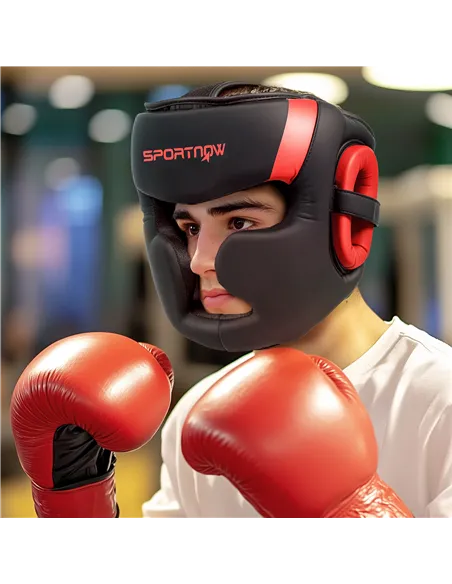 SPORTNOW Boxing Headguard w/ Adjustable Strap for Sparring, Kickboxing, MMA, Red/Black