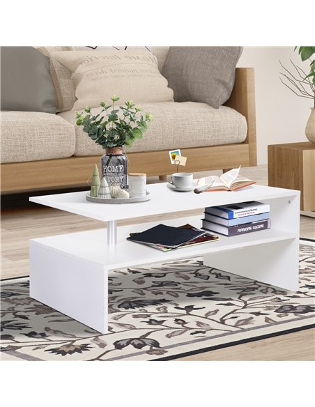 HOMCOM Coffee Table with Storage, 2-Tier Centre Table, Modern Living Room Table with Open Shelf and Aluminium Poles, White