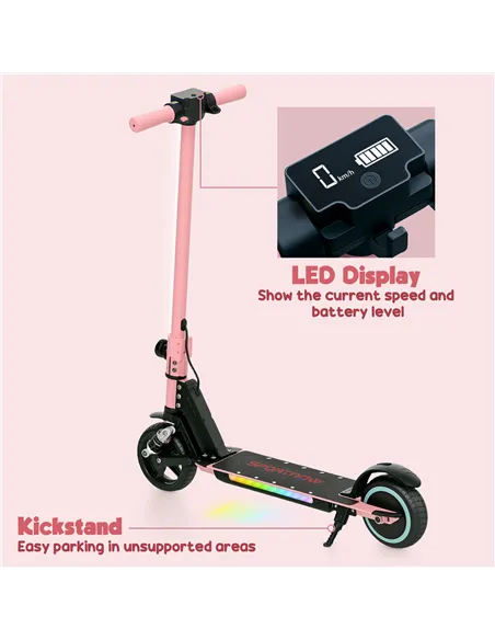 SPORTNOW Folding Electric Scooter for Kids, with Dual Brakes, Front Suspension, LED Colourful Lights, Pink