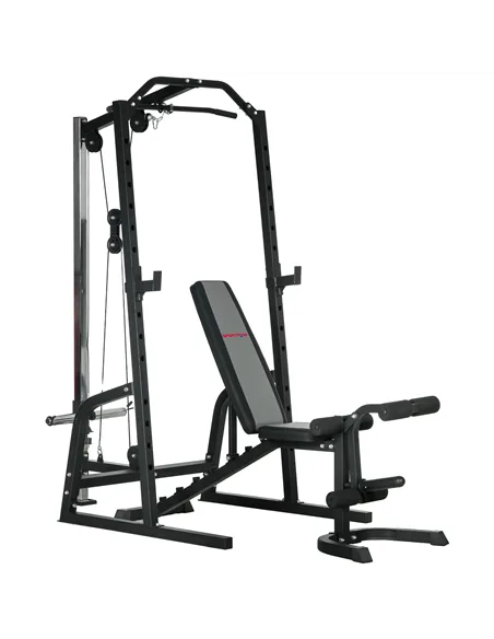 SPORTNOW Smith Machine & Cable Pulley System with Adjustable Weight Bench, Multifunction Home Gym Power Rack with Lat Pull Down 