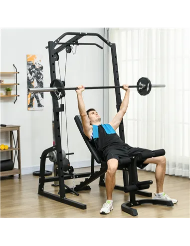 SPORTNOW Smith Machine & Cable Pulley System with Adjustable Weight Bench, Multifunction Home Gym Power Rack with Lat Pull Down 