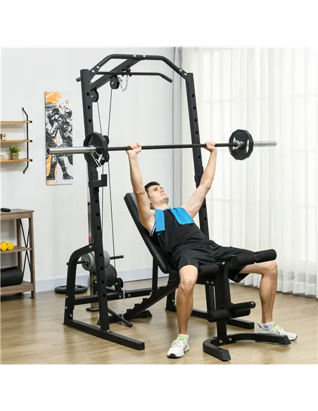 SPORTNOW Smith Machine & Cable Pulley System with Adjustable Weight Bench, Multifunction Home Gym Power Rack with Lat Pull Down 