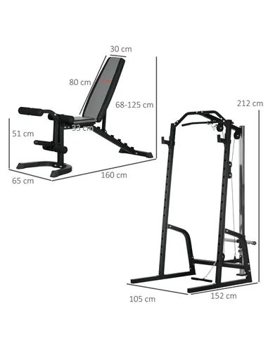SPORTNOW Smith Machine & Cable Pulley System with Adjustable Weight Bench, Multifunction Home Gym Power Rack with Lat Pull Down 