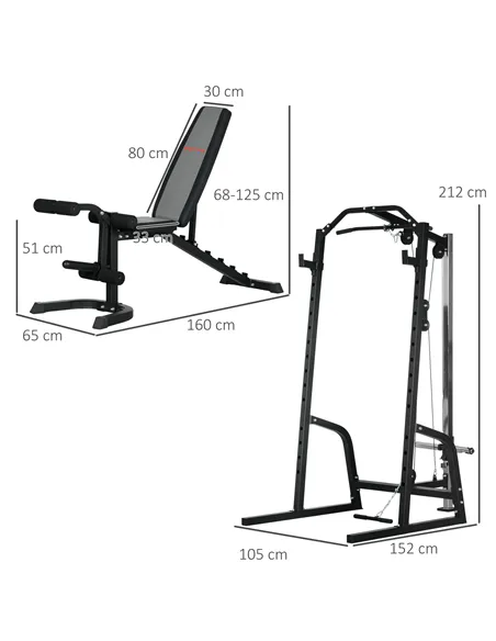 SPORTNOW Smith Machine & Cable Pulley System with Adjustable Weight Bench, Multifunction Home Gym Power Rack with Lat Pull Down 
