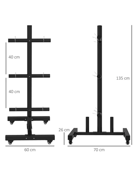 SPORTNOW Weight Rack for Olympic Weight Plate, 3 Tier Weight Tree for 2 inch Plates and Bars, Weight Organiser Stand with 4 Tran