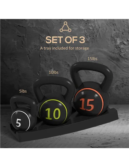 SPORTNOW Three-Piece Kettlebell Set, 5lbs, 10lbs, 15lbs with Storage Tray