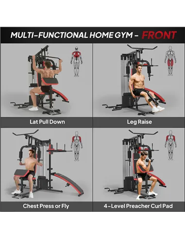 SPORTNOW Multi Gym Workout Station, Weight Machine with 65kg Weight Stack, Sit Up Bench, Push Up Stand, Dip Station