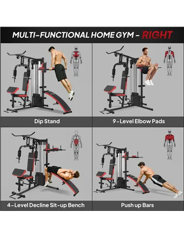 SPORTNOW Multi Gym Workout Station, Weight Machine with 65kg Weight Stack, Sit Up Bench, Push Up Stand, Dip Station