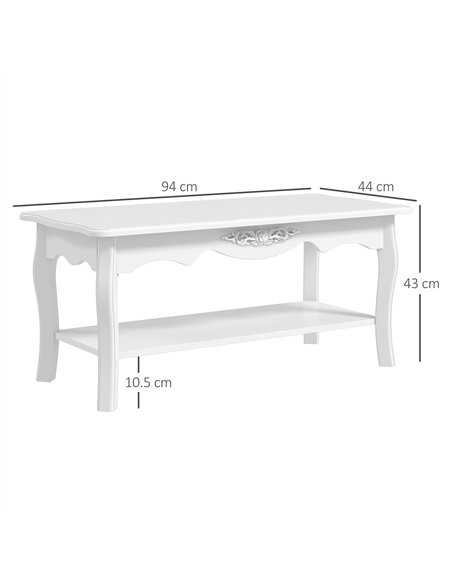 HOMCOM White Coffee Table Wood Cocktail Tea Centre Table with Storage Shelf for Living Room Reception Room, 94L x 44W x 42H cm