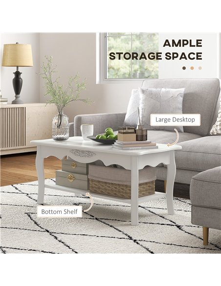 HOMCOM White Coffee Table Wood Cocktail Tea Centre Table with Storage Shelf for Living Room Reception Room, 94L x 44W x 42H cm