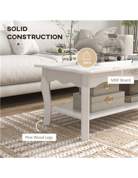 HOMCOM White Coffee Table Wood Cocktail Tea Centre Table with Storage Shelf for Living Room Reception Room, 94L x 44W x 42H cm
