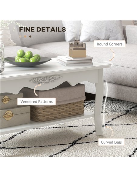HOMCOM White Coffee Table Wood Cocktail Tea Centre Table with Storage Shelf for Living Room Reception Room, 94L x 44W x 42H cm