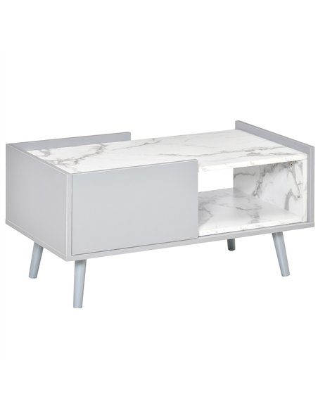 HOMCOM White Coffee Table with Faux Marble Top, 2-Tier Wood Center Table Sofa Table with Storage Drawer and Shelf for Home Livin