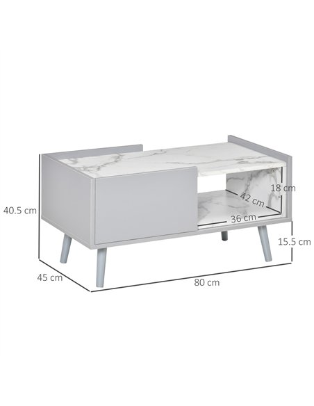 HOMCOM White Coffee Table with Faux Marble Top, 2-Tier Wood Center Table Sofa Table with Storage Drawer and Shelf for Home Livin