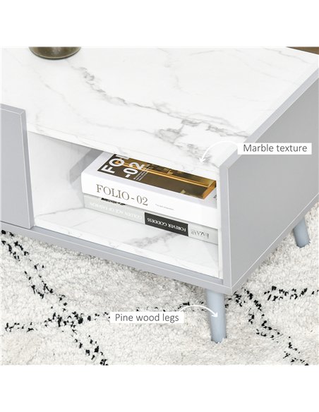 HOMCOM White Coffee Table with Faux Marble Top, 2-Tier Wood Center Table Sofa Table with Storage Drawer and Shelf for Home Livin