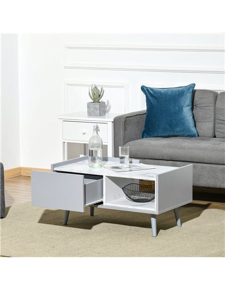 HOMCOM White Coffee Table with Faux Marble Top, 2-Tier Wood Center Table Sofa Table with Storage Drawer and Shelf for Home Livin