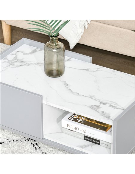 HOMCOM White Coffee Table with Faux Marble Top, 2-Tier Wood Center Table Sofa Table with Storage Drawer and Shelf for Home Livin