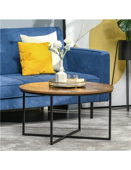 HOMCOM Round Coffee Table, Industrial Side Table with Metal Frame, Large Coffee Tables for Living Room, Bedroom, Rustic Brown