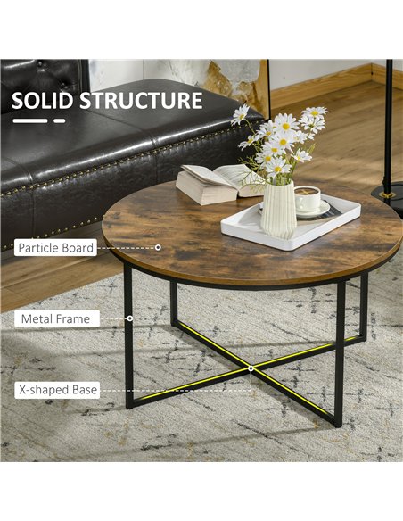 HOMCOM Round Coffee Table, Industrial Side Table with Metal Frame, Large Coffee Tables for Living Room, Bedroom, Rustic Brown