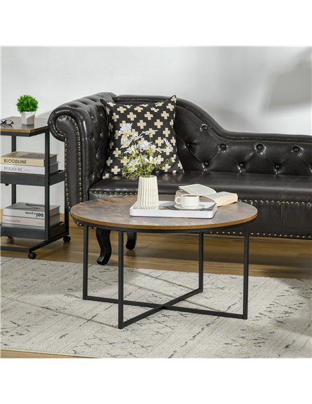 HOMCOM Round Coffee Table, Industrial Side Table with Metal Frame, Large Coffee Tables for Living Room, Bedroom, Rustic Brown